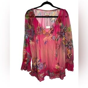 NEW Johnny Was BIYA Mazzy Floral Print Embroidered Mesh Split V-Neck Blouse XL